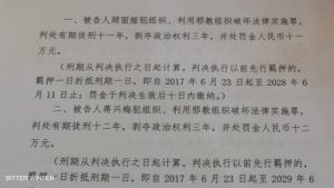 Estratto del verdetto emesso dal Tribunale Popolare Intermedio di Zaozhuang.