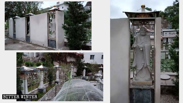 Piccola tettoia in ferro costruita per nascondere le statue degli Arhat
