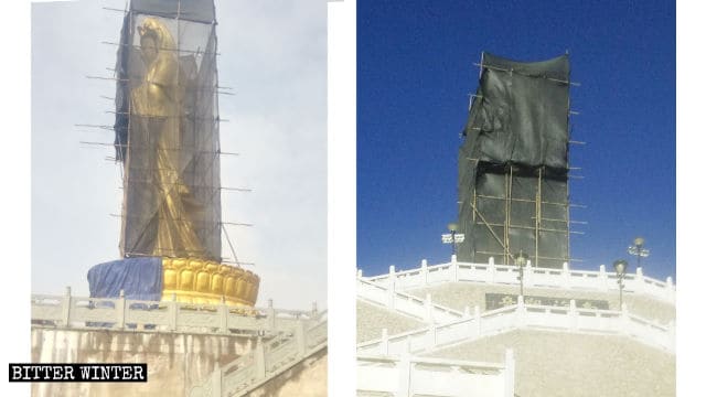 Un sudario nero copre la statua di Nanhai Guanyin