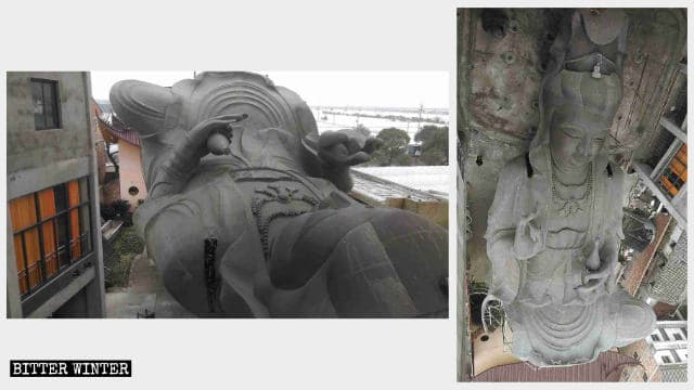 La statua di Guanyin a terra dopo essere stata completamente fatta a pezzi