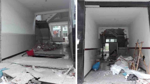 Il pavimento della casa è stato spaccato e distrutto, la scala demolita