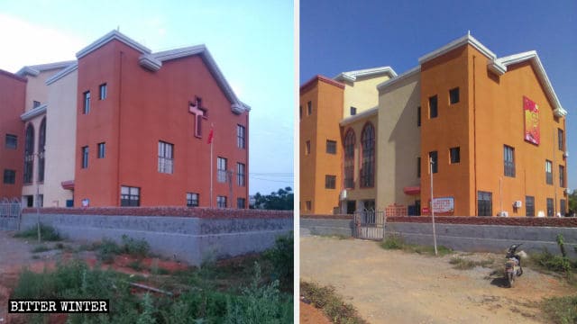 La croce di una chiesa nel villaggio di Chongjiang, nel borgo di Shuixi, è stata nascosta