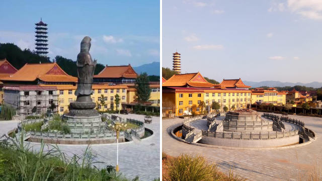 La statua di bronzo della Guanyin nel tempio buddhista di Doushuai prima e dopo la demolizione