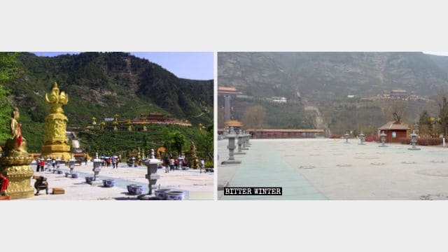 La statua di Guanyin che stilla acqua e le statue Guanyin dei dodici animali dello zodiaco cinese, sulla spianata del tempio Xiaozai, dopo la demolizione