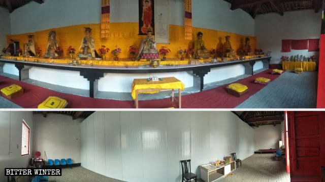 Le statue buddhiste del tempio sono state poste dietro un muro di lamiera
