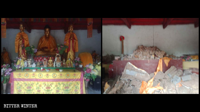 Statue buddhiste nella Sala della Grande Forza del tempio Shengquan prima e dopo essere state distrutte