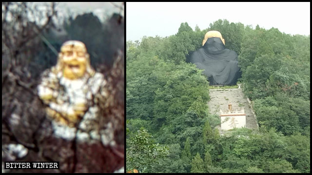La statua del Buddha Maitreya nella valle di Liuxian prima e dopo la copertura