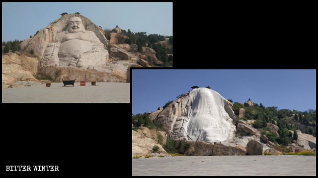 La statua del Buddha Maitreya sul monte Ink Stone prima e dopo la copertura