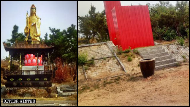 La statua buddhista e il fornello dell’incenso nel tempio di Yuanming ricoperti da pannelli rossi di lamiera zincata