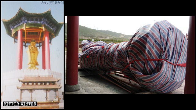 Statua della Guanyin nel tempio Shanyuan prima e dopo la demolizione