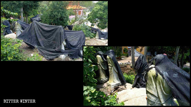 Le statue degli Arhat del tempio buddhista Dongming sono state coperte