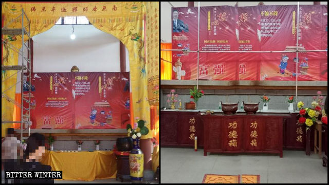 Le statue buddhiste sono coperte da manifesti di propaganda con slogan sui «valori centrali del socialismo» e ritratti di Xi Jinping