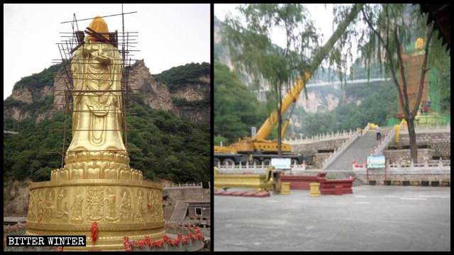 La statua della Guanyin circondata da impalcature e la grossa gru utilizzata per smantellarla