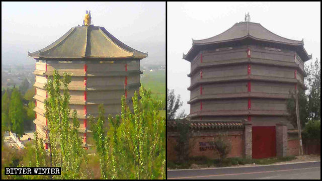 La pagoda Haihui prima e dopo la rimozione del «Buddha a tre facce» dal tetto