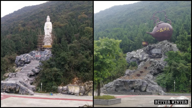 La statua della Guanyin Nahai è stata sostituita dalla scultura di una teiera.