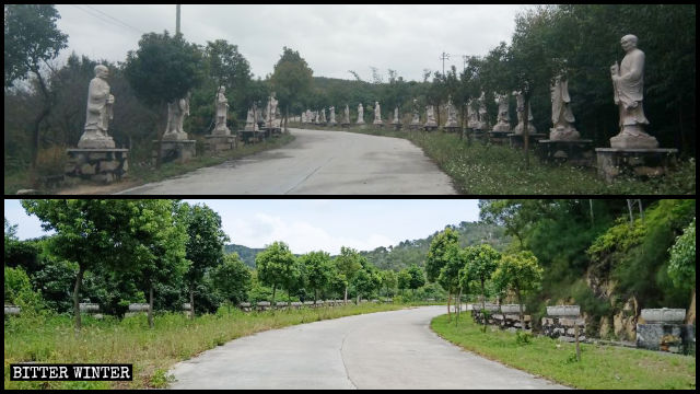 Le statue degli Arhat del tempio Lingjiu collocale lungo il viale dei Pellegrini sono state rimosse