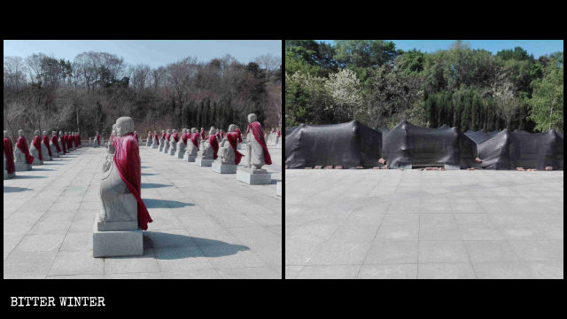 Le 500 statue degli Arhat del tempio Shanyuan nella città di Fushun prima e dopo la rimozione