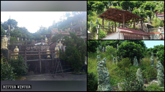 Le statue degli Arhat della zona panoramica, prima e dopo essere state coperte con teloni mimetici