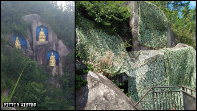 Statue di soggetto buddhista coperte con teloni mimetici