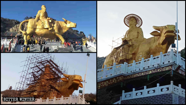La statua di Lao-Tzu in groppa a un bue è stata modificata fino a sembrare quella dello scrittore Cao Xueqin