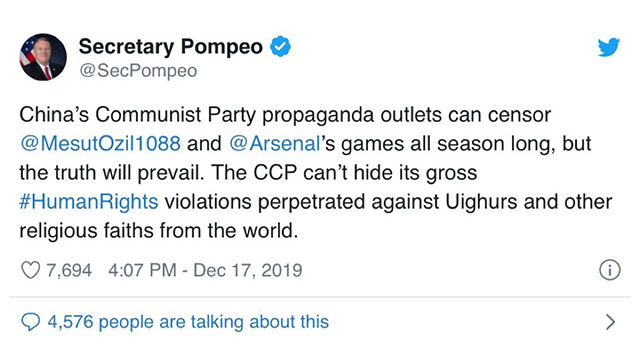 Il segretario di Stato degli Stati Uniti d’America, Mike Pompeo, ha espresso il proprio sostegno a Özil su Twitter