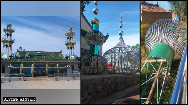 Molte cupole e mezzelune sono state rimosse dalle moschee nella città di Wuzhong nella contea di Tongxin (foto del 2018)