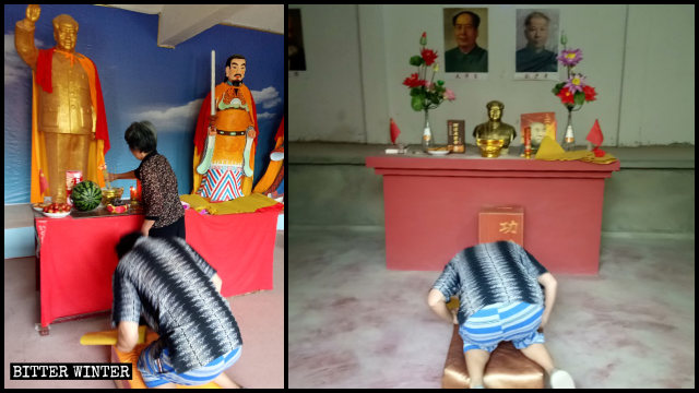 Gente che prega nel tempio della Divinità Celeste Mao Zedong